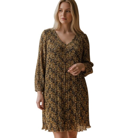 Black Tape Abstract Geometric Pleated Mini Dress Long Sleeve Neutral Earth Tones - Picture 1 of 10